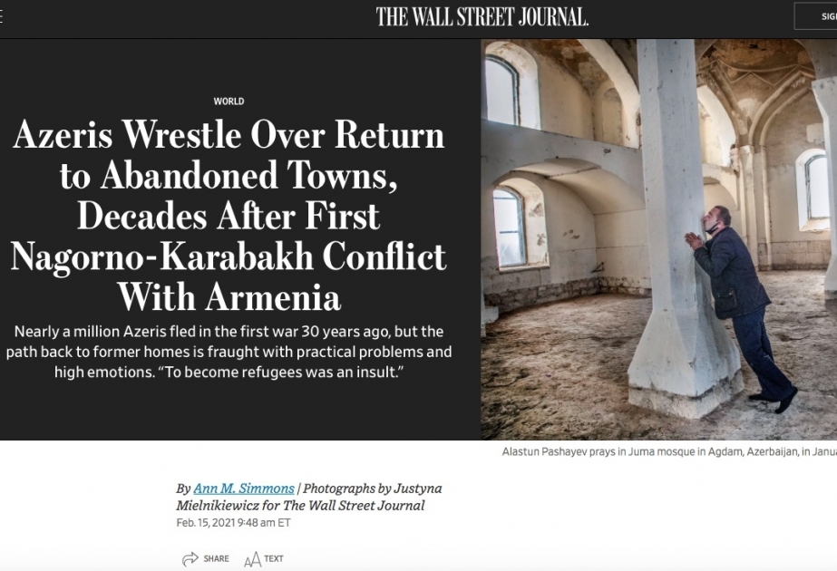 “Wall Street Journal”: Azərbaycanlılar birinci Qarabağ müharibəsindən sonra dağıdılmış şəhərlərə qayıtmaq istəyirlər