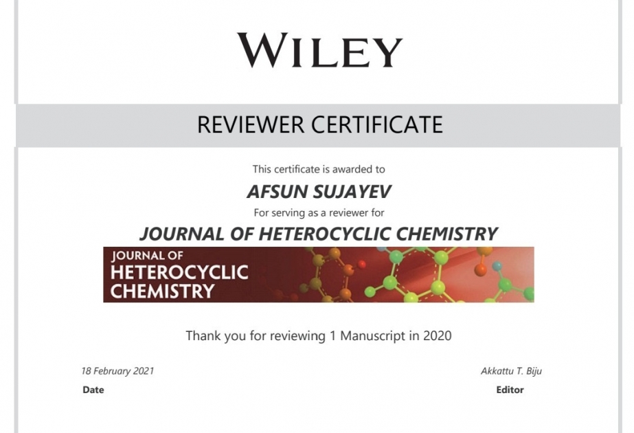 Kimyaçı alimin beynəlxalq jurnaldakı fəaliyyəti sertifikata layiq görülüb