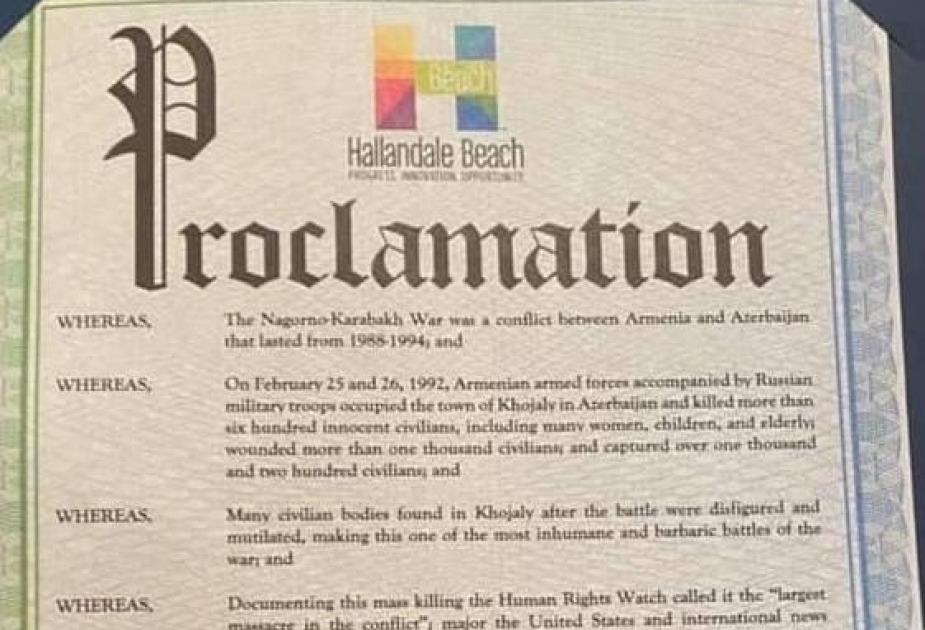 Город Халландейл-Бич США объявил 26 февраля 29-й годовщиной Ходжалинского геноцида