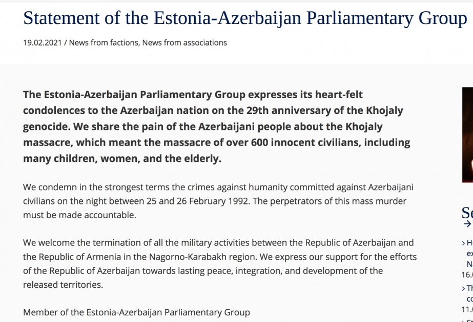 Estonia-Azerbaijan Parliamentary Group issues statement on 29th anniversary of Khojaly Massacre