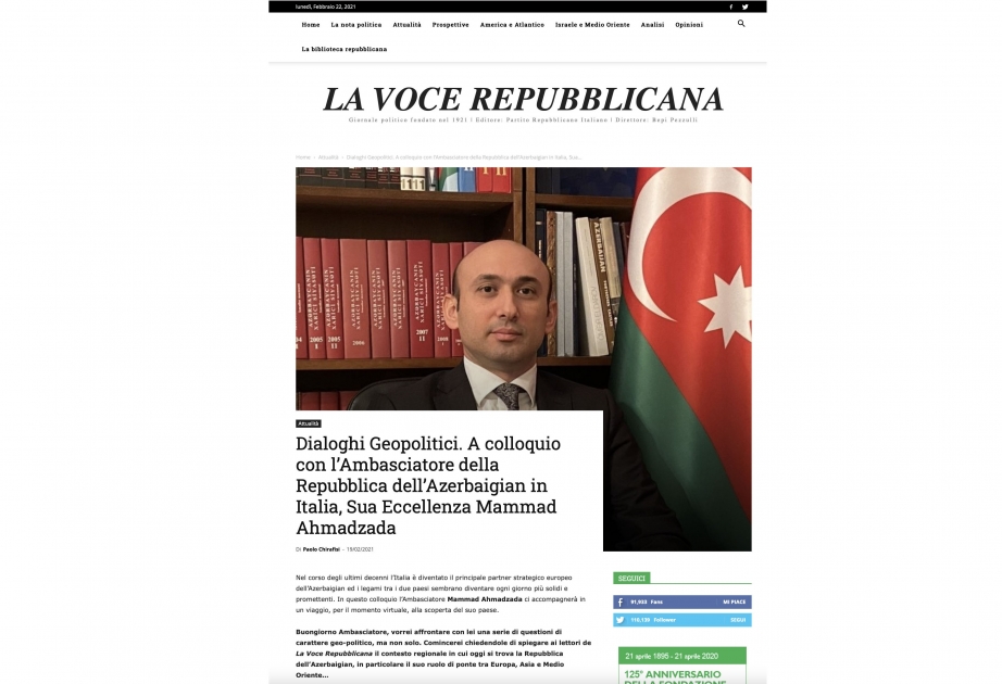 İtaliya mətbuatında Azərbaycan səfirinin müsahibəsi dərc olunub