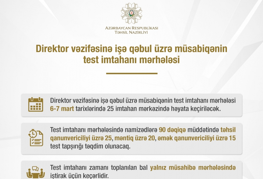 Direktorların işə qəbulu üzrə test imtahanı mərhələsi başlayır