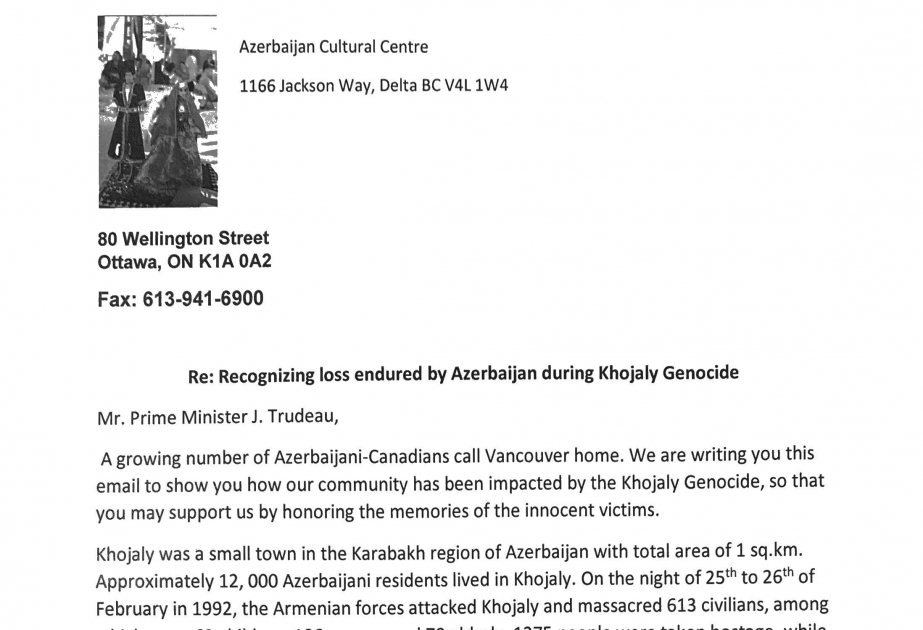 Наши соотечественники призвали премьер-министра Канады признать Ходжалинский геноцид