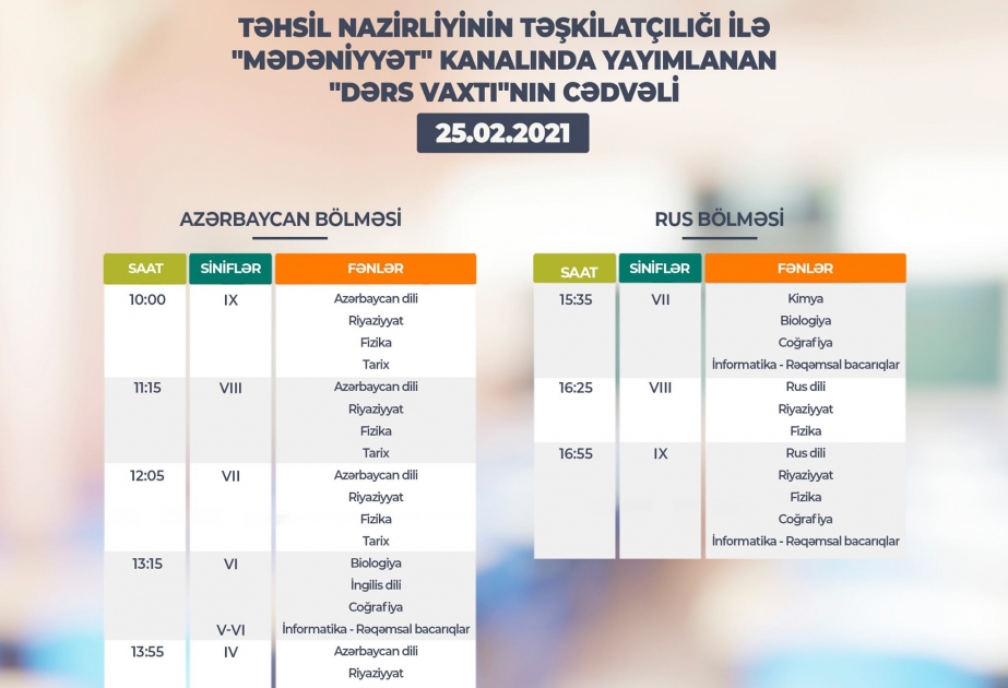 Teledərslərin fevralın 25-nə olan cədvəli