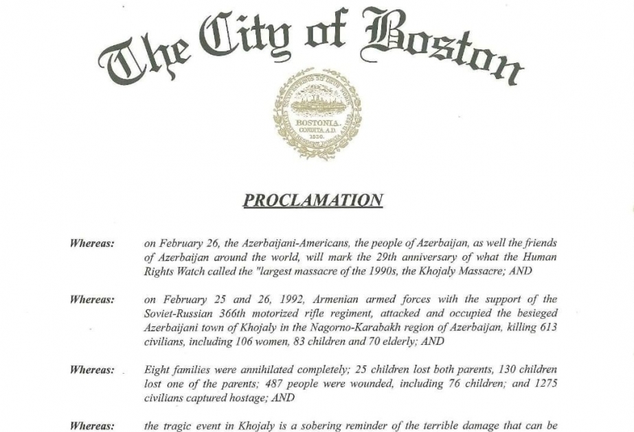 Город Бостон объявил 26 февраля 29-й годовщиной Ходжалинской резни