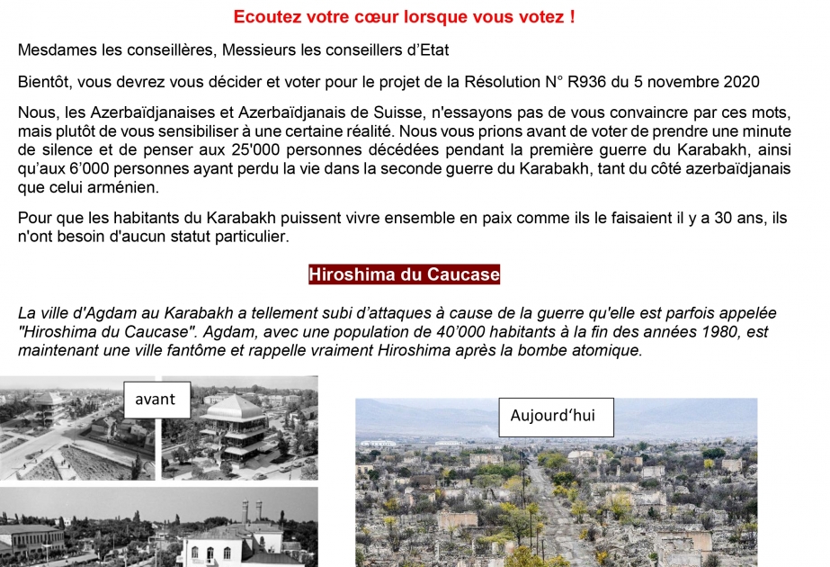 İsveçrədəki soydaşlarımız cenevrəli deputatları sülhə səs verməyə çağırıblar