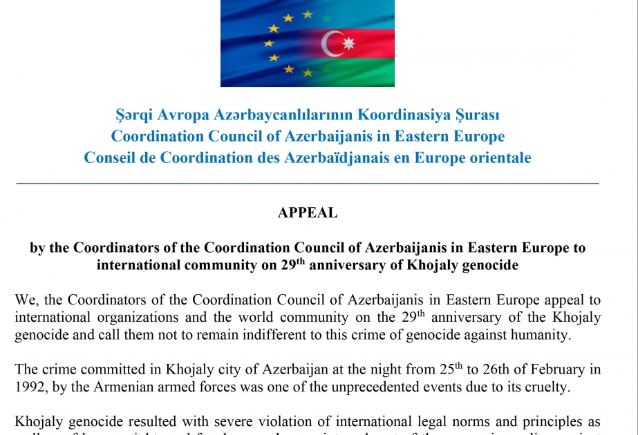 Şərqi Avropa Azərbaycanlıları Koordinasiya Şurası dünya birliyinə çağırış edib