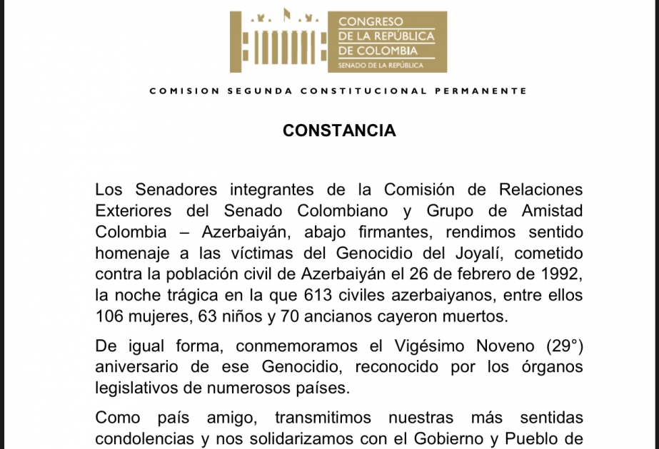 Kolumbiya Senatı Xocalı soyqırımının 29-cu ildönümü ilə əlaqədar bəyanat qəbul edib