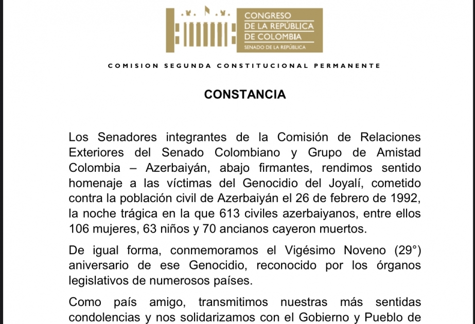 El Senado de Colombia aprueba una declaración sobre el 29º aniversario del genocidio de Joyalí