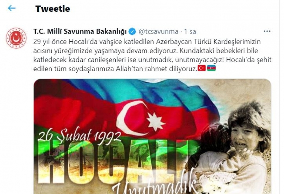 Türkiyə Milli Müdafiə Nazirliyi Xocalı soyqırımı ilə bağlı paylaşım edib