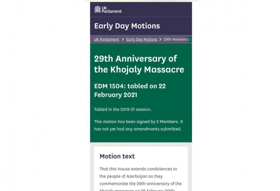 British MPs table motion on 29th Anniversary of Khojaly Massacre