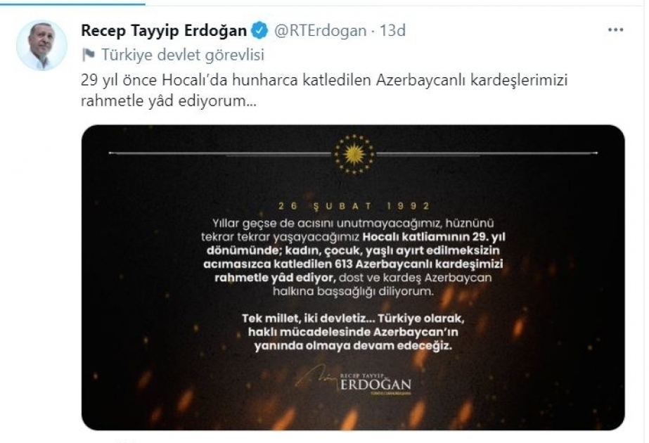 Presidente turco expresó sus condolencias al pueblo azerbaiyano en el 29º aniversario de la Masacre de Joyalí