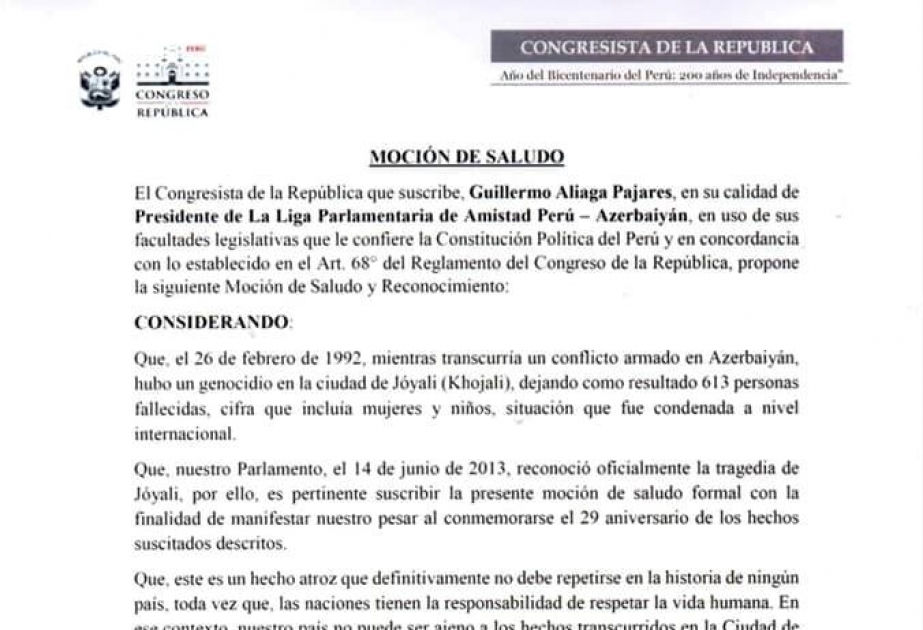Peru Konqresində Xocalı soyqırımının 29-cu ildönümü ilə əlaqədar bəyanat qəbul edilib