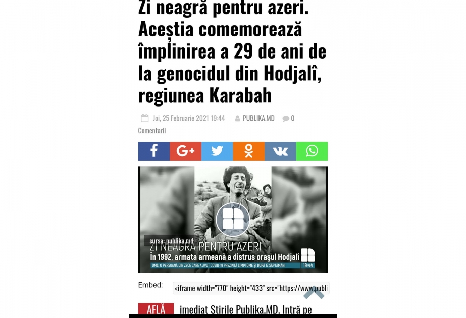 Moldovanın xəbər saytlarında Xocalı soyqırımının ildönümü ilə bağlı silsilə məqalələr dərc olunub