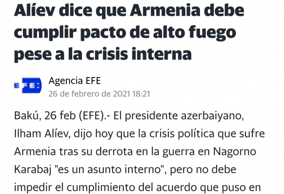 EFE: "Alíev dice que Armenia debe cumplir pacto de alto fuego pese a crisis interna"