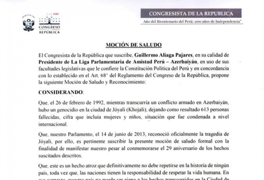 Peruanischer Kongress unterzeichnet Erklärung zum 29. Jahrestag des Massenmords von Xocalı/Chodschali