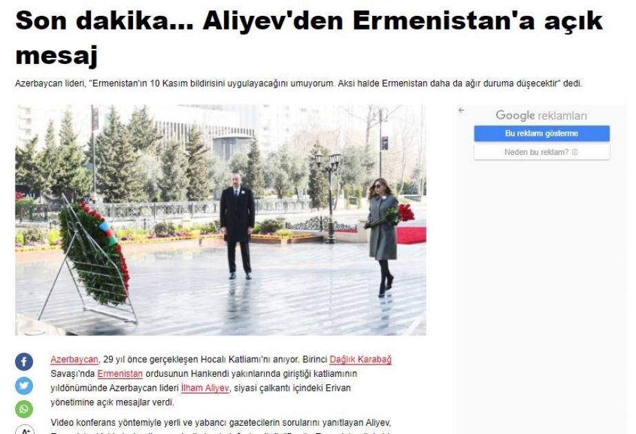 Türkiyə mediası: Prezident İlham Əliyev dörd saatdan artıq zamanda jurnalistlərin əlliyə yaxın sualını cavablandırıb