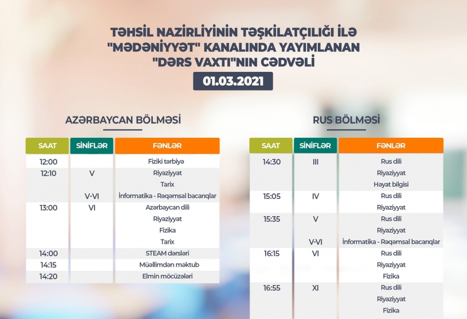 Teledərslərin martın 1-nə olan cədvəli