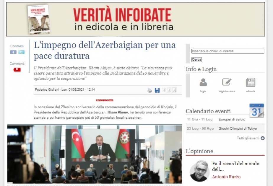 Prezident İlham Əliyevin mətbuat konfransında səsləndirdiyi fikirlər İtaliya mediasının da diqqət mərkəzində olub