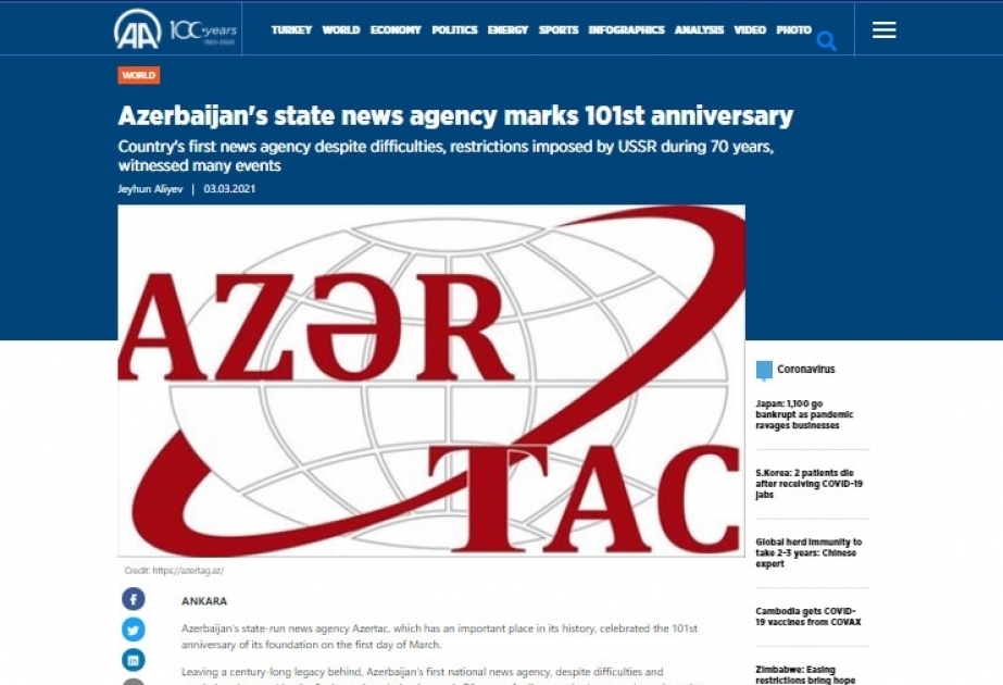 Anadolu Agency: Azerbaijan's state news agency marks 101st anniversary
