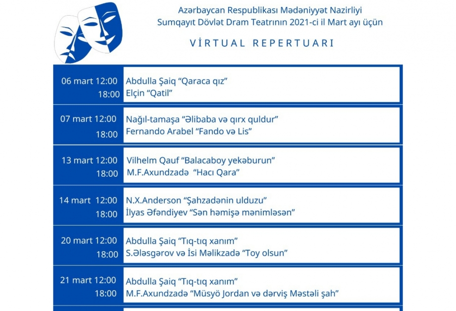 Sumqayıt Dövlət Dram Teatrı mart ayının virtual repertuarını təqdim edib