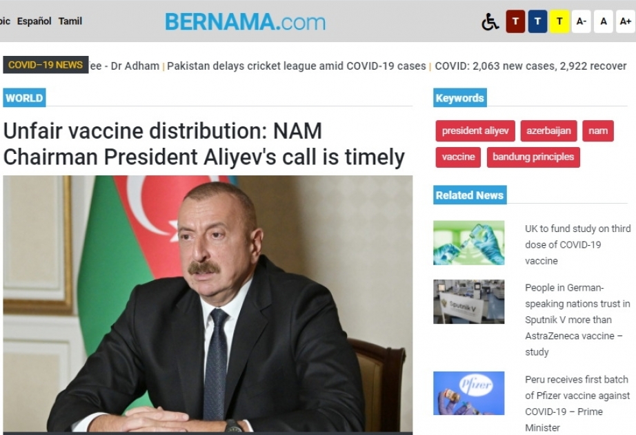 BERNAMA agentliyi: Qoşulmama Hərəkatının sədri İlham Əliyev peyvəndin ədalətsiz bölgüsü ilə bağlı vaxtında çağırış edir