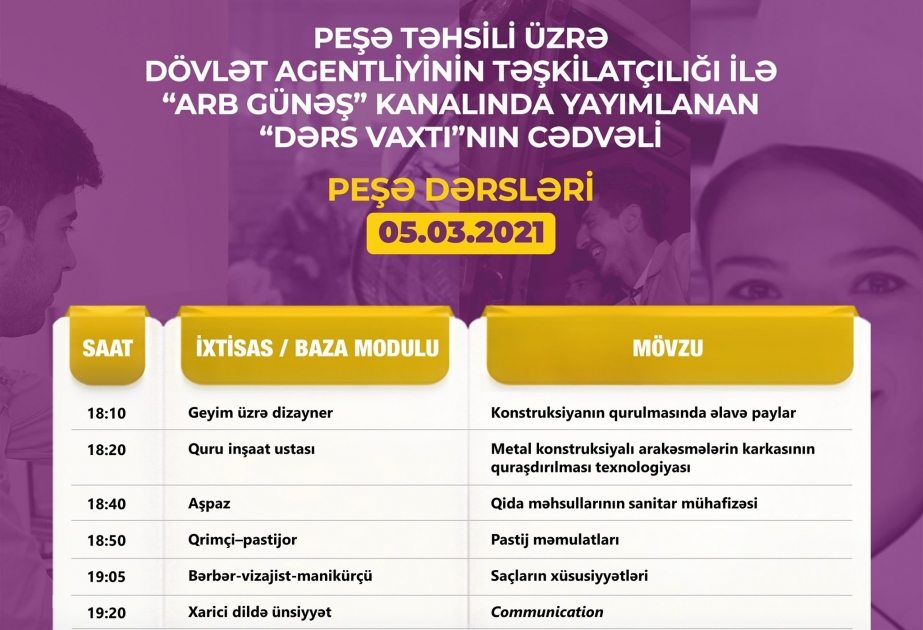 Peşə təhsili üzrə “Dərs vaxtı”nın martın 5-nə olan cədvəli