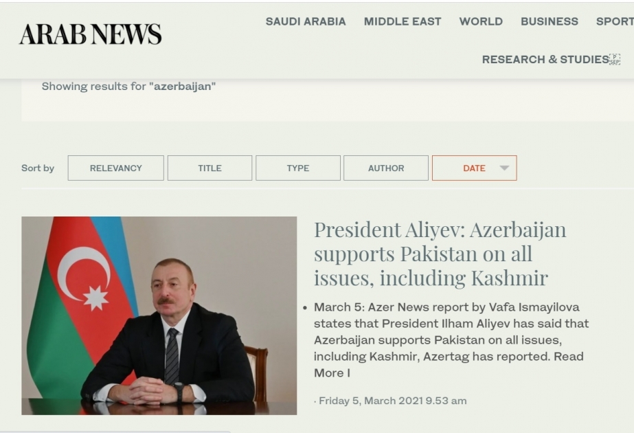 “Arabnews” qəzeti: Azərbaycan Pakistanı bütün sahələrdə dəstəkləyir