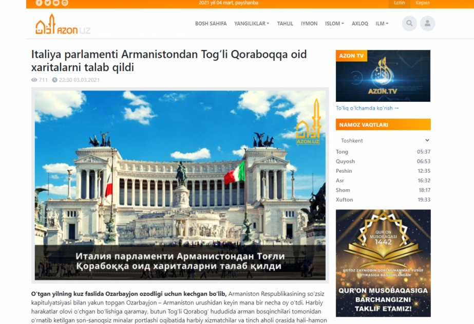 Özbəkistan portalı: İtaliya parlamenti Ermənistandan Azərbaycanın minalanmış ərazilərinin xəritəsinin verilməsini tələb edir