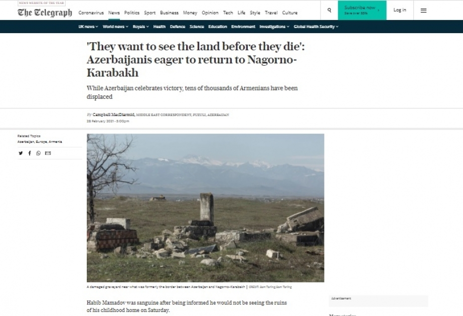 Britaniyanın “The Telegraph” saytı: Azərbaycanlılar Qarabağa qayıtmağı səbirsizliklə gözləyirlər