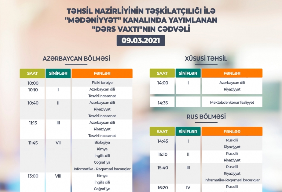 Teledərslərin martın 9-na olan cədvəli