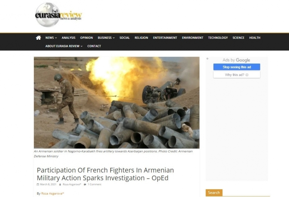 "Eurasia Review" publicó un artículo sobre la participación de mercenarios por parte de Armenia en la guerra de Karabaj