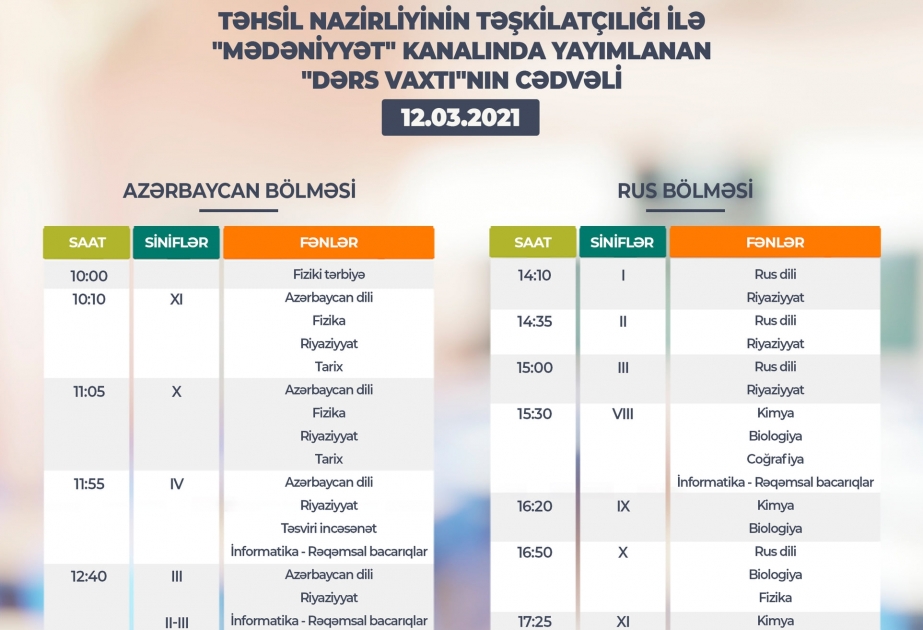 Teledərslərin martın 12-nə olan cədvəli açıqlanıb
