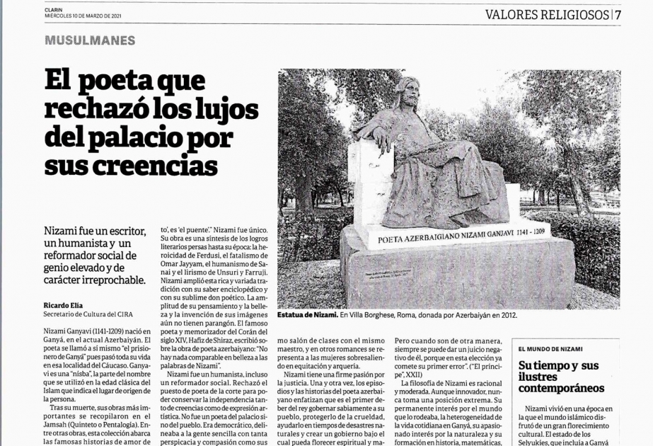 El periódico argentino Clarín publicó un artículo dedicado al 880º aniversario de Nizami Ganjavi