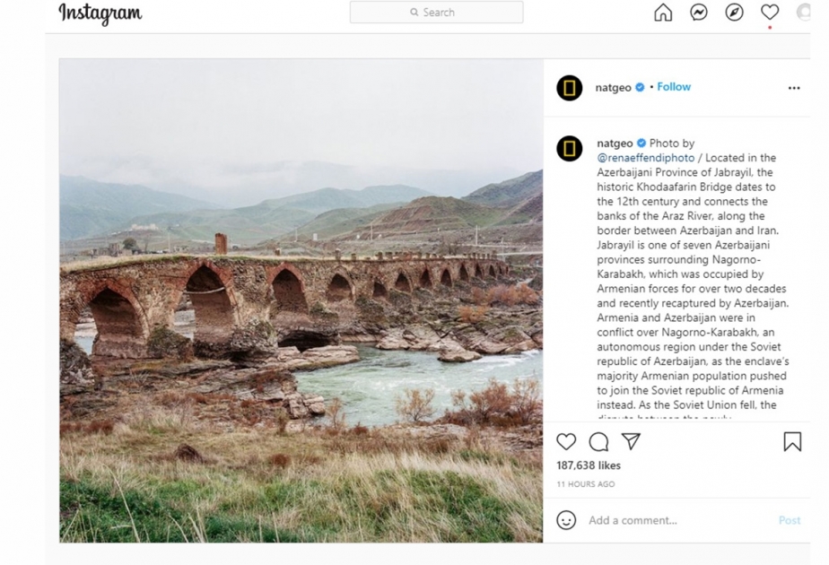 “National Geographic” jurnalı “Instagram” səhifəsində Xudafərin körpüsünün fotosunu paylaşıb