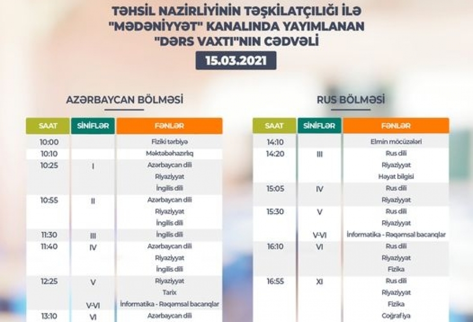 Teledərslərin bu günə olan cədvəli