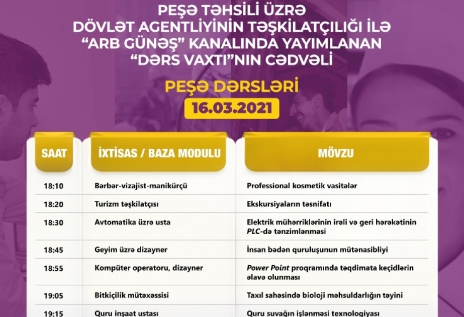 Peşə təhsili üzrə “Dərs vaxtı”nın martın 16-na olan cədvəli