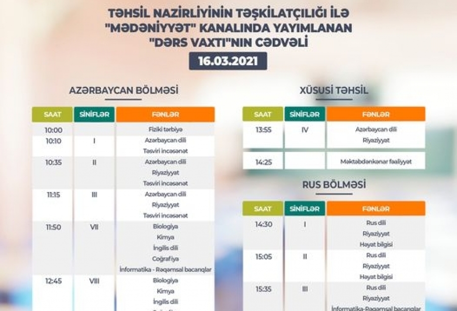 Teledərslərin bu günə olan cədvəli