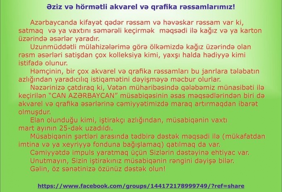 Qrafika və akvarel ustaları arasında elan edilən rəsm müsabiqəsi davam edir