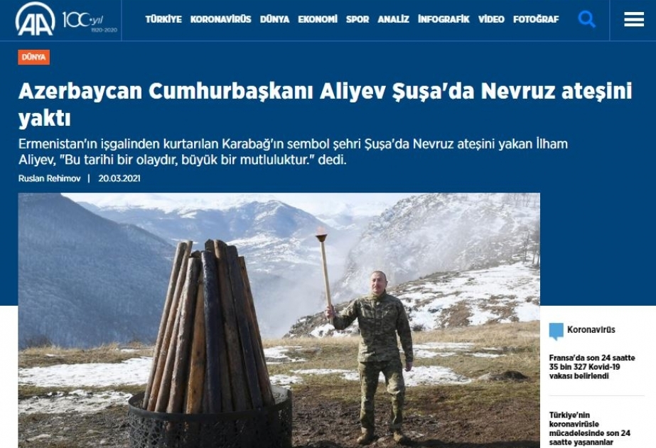 Türkiyə mediası: Azərbaycan Prezidenti İlham Əliyev Şuşada Novruz tonqalını alovlandırdı