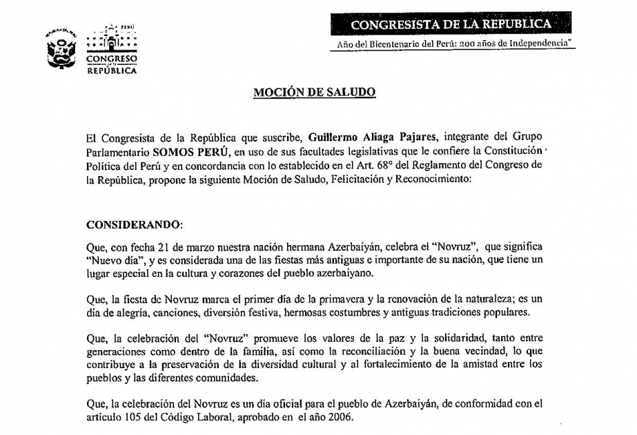 El Congreso peruano felicita al pueblo azerbaiyano con motivo de la Fiesta de Novruz