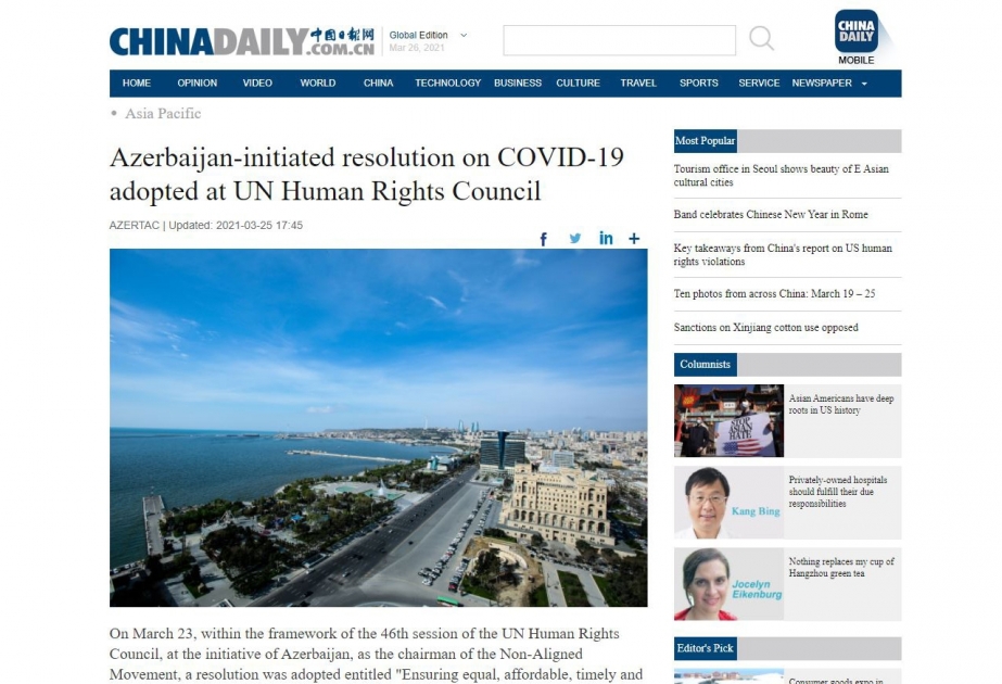 "China Daily" qəzeti Azərbaycanın təşəbbüsü ilə BMT-nin İnsan Hüquqları Şurasında qəbul edilən qətnamə barədə xəbər yayıb