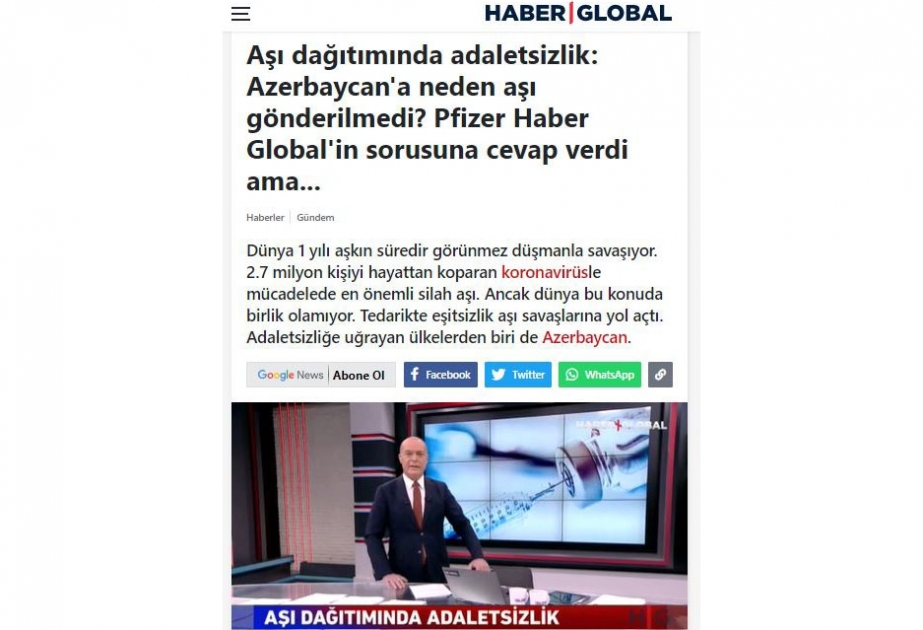 “Haber Global” telekanalı koronavirusa qarşı peyvəndin çatdırılmasında Azərbaycana qarşı ədalətsizlik barədə geniş reportaj yayıb