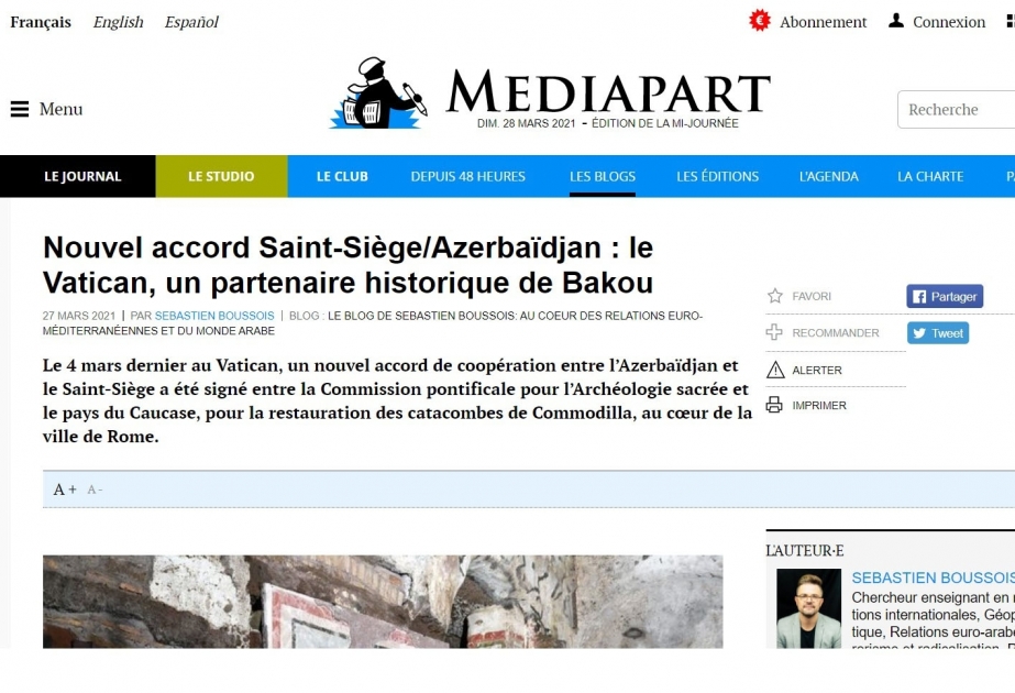 Un article sur le site « Mediapart » met en lumière les relations entre le Vatican et l’Azerbaïdjan