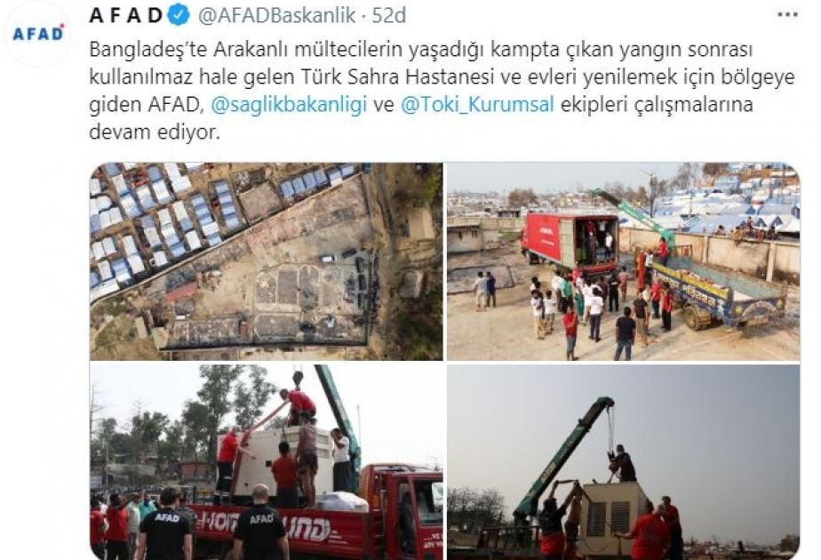 Arakandakı yanğında sıradan çıxan Türkiyənin səhra hospitalı bərpa olunacaq