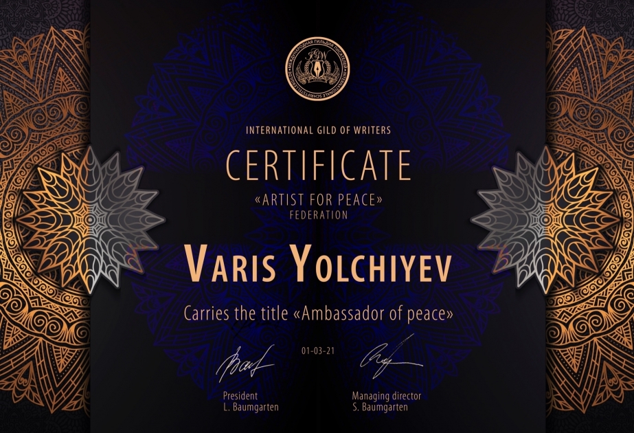 L'écrivain azerbaïdjanais Varis a reçu le titre d'ambassadeur de la Paix