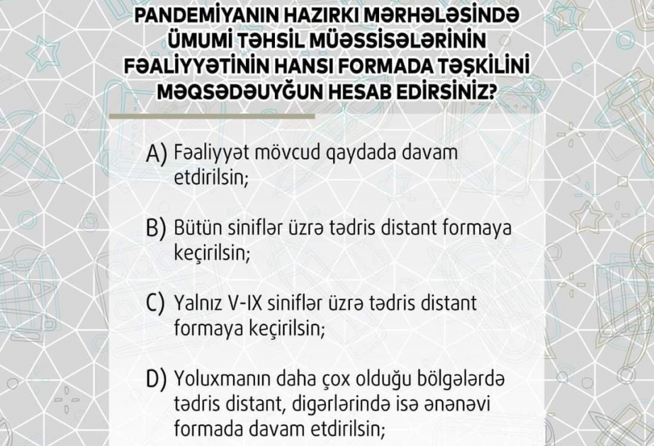 Təhsil Nazirliyi pandemiya dövründə tədrisin təşkili ilə bağlı ictimai rəy sorğusu keçirir