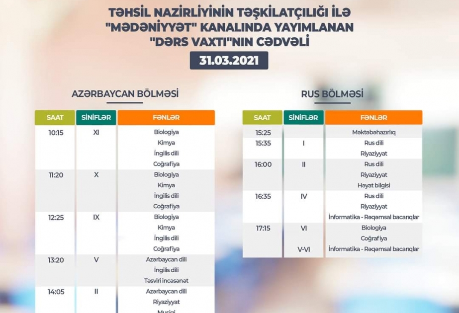 Teledərslərin bu günə olan cədvəli açıqlanıb