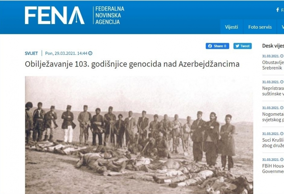 Bosniyanın xəbər agentliyi azərbaycanlıların soyqırımından yazıb