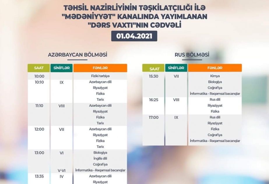 Teledərslərin aprelin 1-nə olan cədvəli açıqlanıb